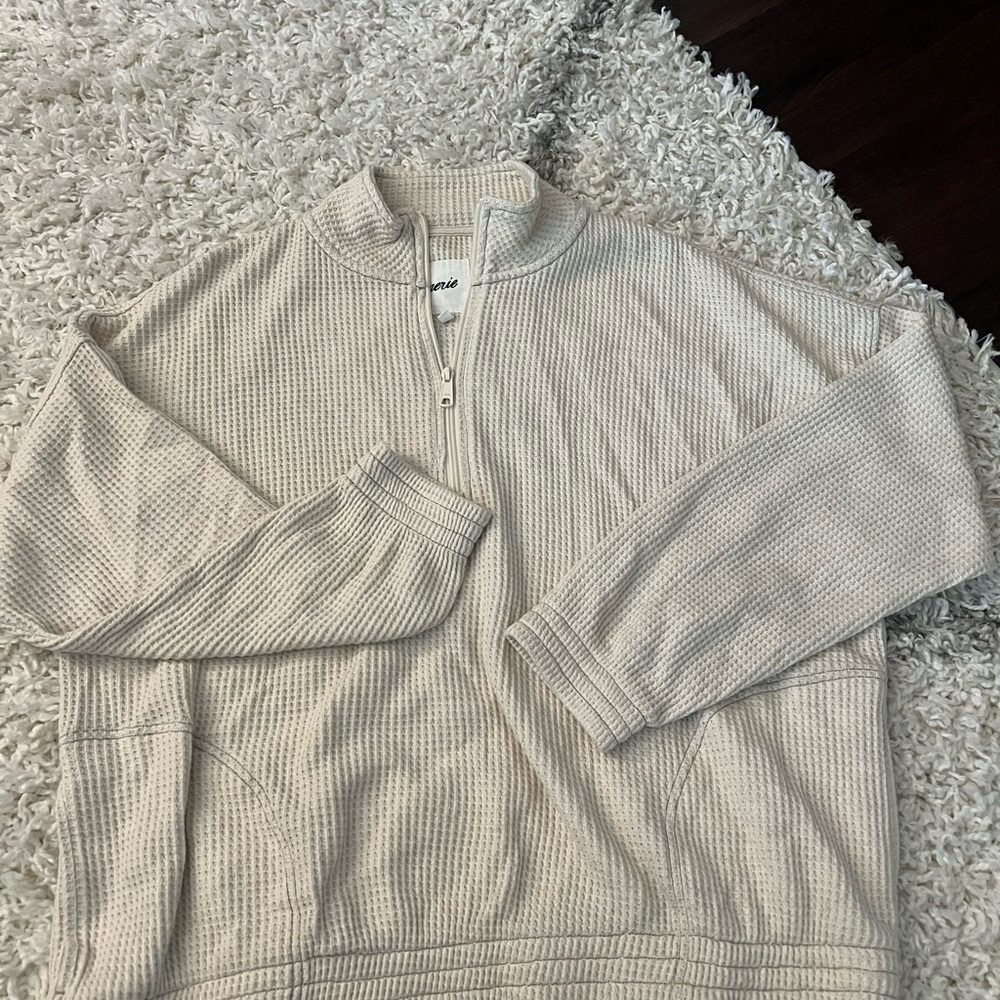 Aerie Cream Waffle Knit Zip Pullover